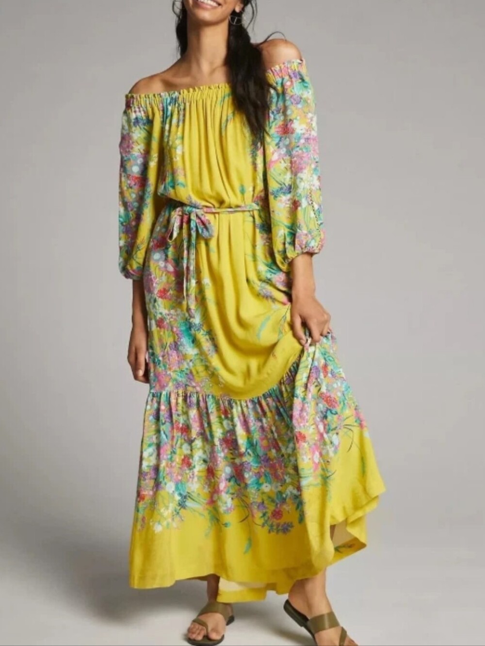 Anthropologie Eliora Yellow Floral Off-Shoulder Boho Maxi Dress